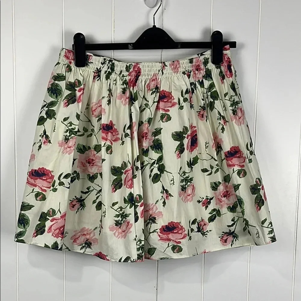 Aqua Womans Skirt Vanilla Pink L Floral Print Lined Zip Back Smocked Waist NWT